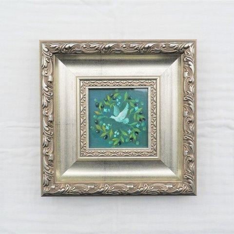 幸運を運ぶ＊白い鳩の絵「オリーブの話」　アンティークな額に入った一点物の油彩画　鳩　鳥の絵　絵画　風水　インテリア