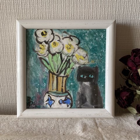 絵画。原画【黒猫は花瓶に咲いている美しいランが大好き】