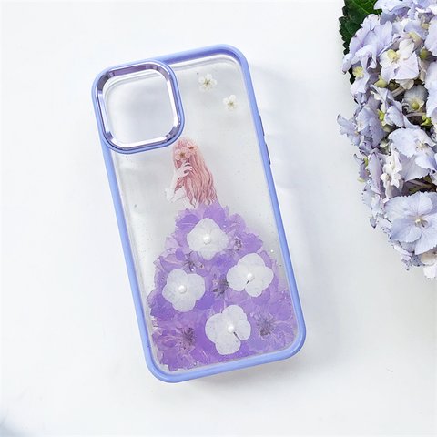 紫陽花 ドレス  シリコンケース 押し花スマホケース  iPhone15Pro/14/13/12/SE/11/8/7/XS/XR