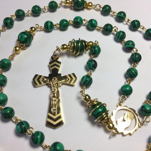 ロザリオ【１点物】(73)マラカイト 孔雀石（くじゃくいし）パワーストーン 十字架 クロス Rosar,Catholic,Prayer Beads,Holy Rosary,Healingy