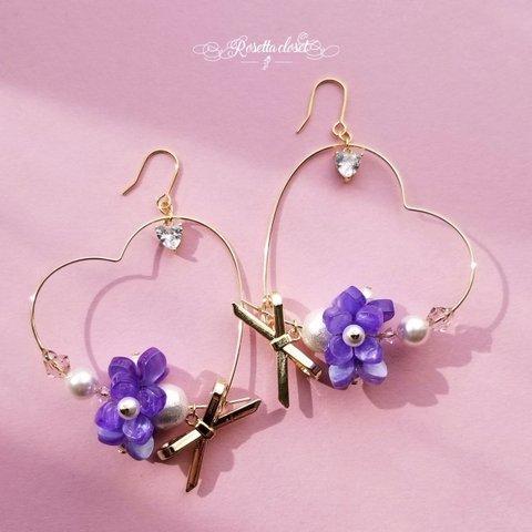 紫陽花ハートフープピアス/イヤリング 　R643