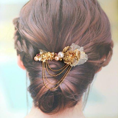 💓ゴールドフラワーのヘアクリップLピンク