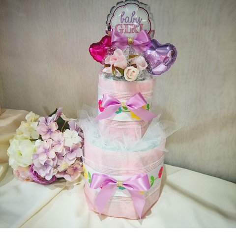 飾ってかわいい、ピンクバルーンおむつケーキ
