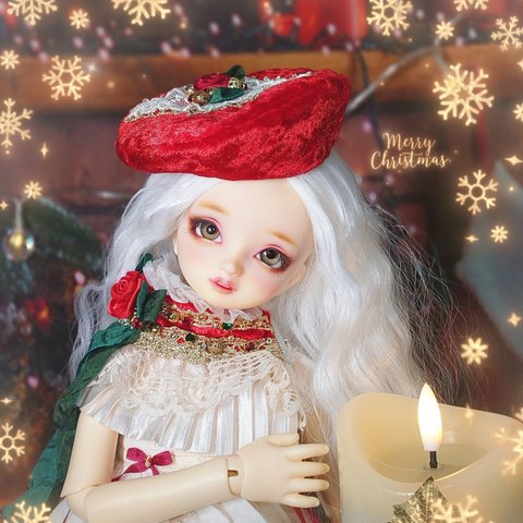 『あなたと一緒のXmas🎄』ベルベット風ベレー帽＆チョーカーセット 40cmドール対応サイズ SDMやpeaksFOBの40cmドール