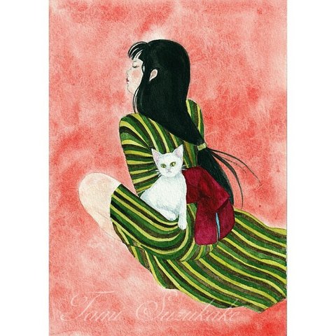 水彩画・原画「猫と女」