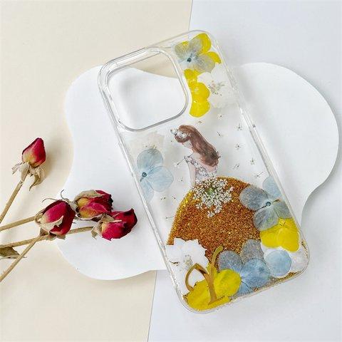 紫陽花&千鳥草押し花スマホケース、全機種対応、手帳型、四隅にショルダーホール、iPhone15、iPhone15Pro、iPhone15plus、iPhone14Pro 、GooglePixel