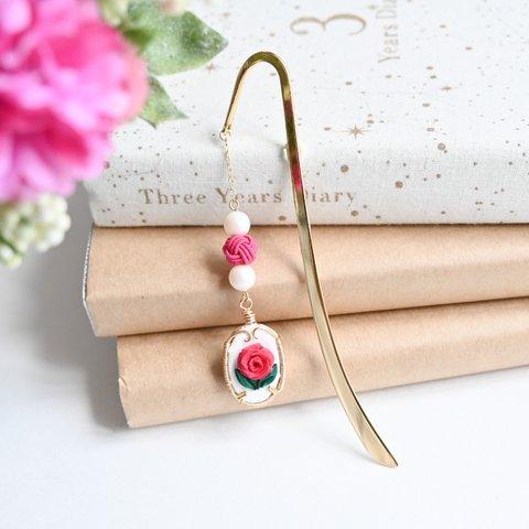 Tsumami Rose Flower Bookmark Pink /  つまみ細工の小さなバラのブックマーカー　ピンク