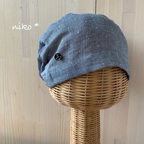 【niko *医療用帽子】オーガニックガーゼキャップ(グレー水玉】