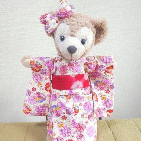 コグマの浴衣🐻🎀花と手毬と雪輪文*アイボリー　Ｓサイズぬいぐるみ用コスチューム