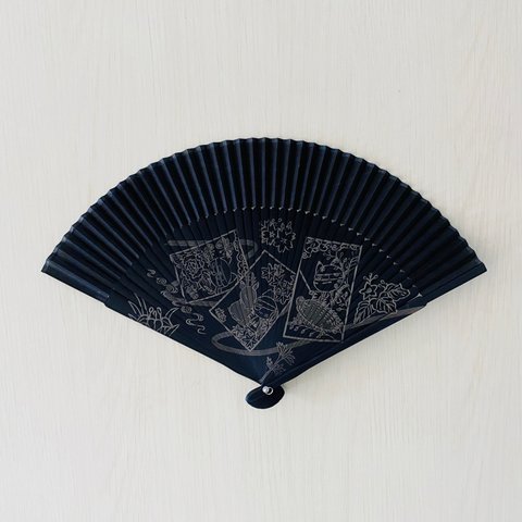 レーザー彫刻扇子＊オリジナル花札柄『猪鹿蝶』（にゃーにゃー組）