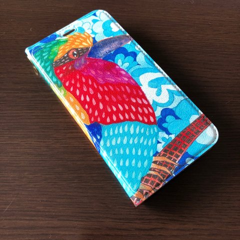 帯なし手帳型iPhoneケース/スマホケース《カラフルなトリ》ライラックニシブッポウソウ