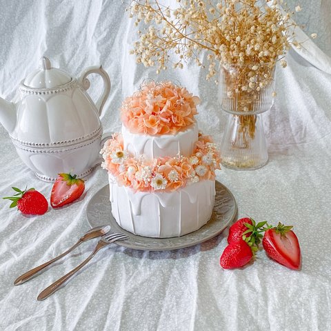 オレンジピンク紫陽花のデコレーションドリップクレイケーキ
