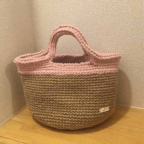 受注制作！ピンク×ベージュシンプルかわいい麻バッグ