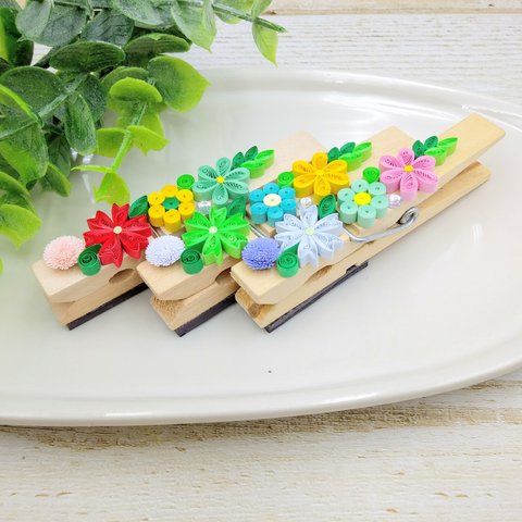 クイリングの小花が可愛い🎶woodピンチ(マグネット)