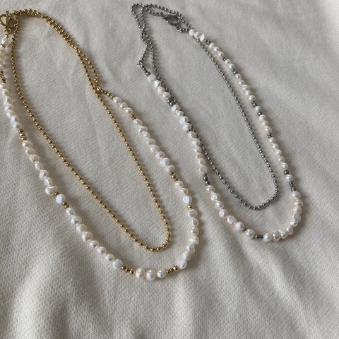 ーlong pearl ball chain necklaceー　サージカルステンレス　ボールチェーンネックレス　ボールチェーン　チェーンネックレス　パールネックレス　ロングネックレス　オケージョン