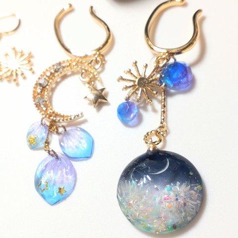 月夜の花火 青&紫(ブルー&パープル) 三日月 ピアス イヤーカフ(+100円) 