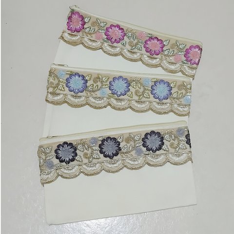 インド刺繍リボン　小物入れポーチ　３色セット