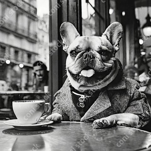 パリをイメージしたカフェで服を着たフレンチブルドッグ、レトロ、モノクロ、アート、古びた写真　conistock_56033_02
