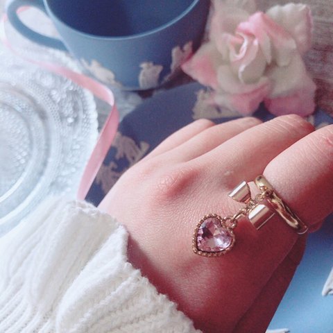 リボンハートチャーム リング ribbon charm heart ring