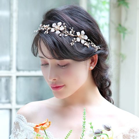 リボン カチューシャ【カリーナ】(KA-23) | 花嫁 ウエディング 結婚式 ナチュラル 小枝  前撮り フォトウエディング  挙式 花  リーフ リゾート ゴールド 披露宴  お色直し