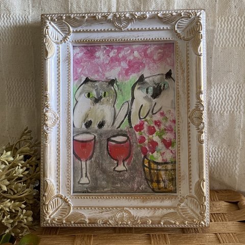 絵画。原画手描き【かわいいシャム猫がワインを飲んで美しい桜の下でデートする】