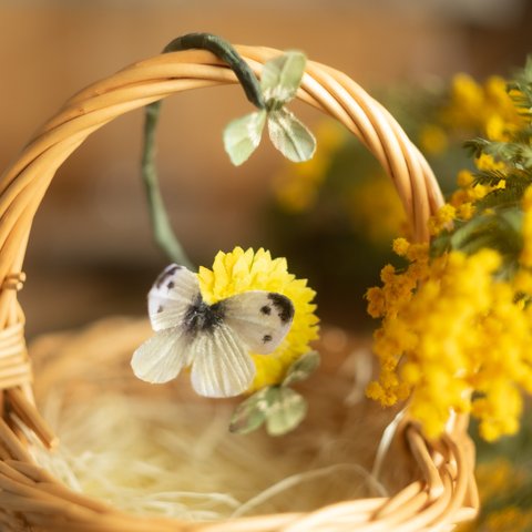 モンシロチョウ が ひとやすみ中 タンポポ と クローバー の 布花 イヤーフック 　片耳（右耳用）　