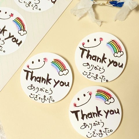 No.27 サンキューシール 48枚 ハンドメイド　Thank youレインボー手書き　ニコちゃん　ありがとうシール