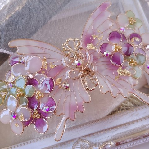 （B）ボタニカルテイストの紫陽花と蝶バレッタ（hair ornaments of butterfly and botanical flower〜hydrangea〜）