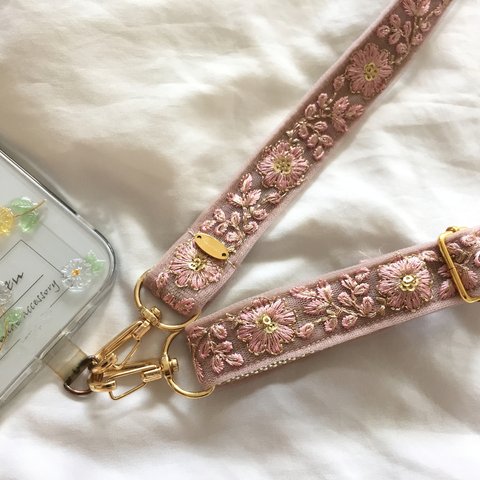 インド刺繍 リボン ショルダーストラップ スマホストラップ ショルダースマホストラップ ピンク