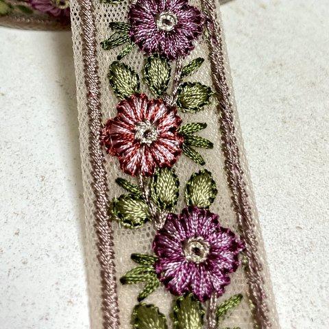 インド刺繍リボン/幅2.5cm/チュール/薄紫地/花/葉/5色（C. 紫）/50cm