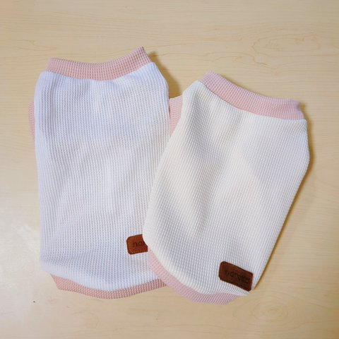 ワッフルニットタンクトップ（ホワイト×ピンク）　犬服【ハンドメイド】