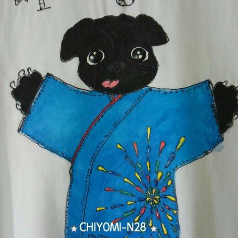 黒パグちゃんの祭りだワッショイ🎵手描きTシャツ＊紳士用Lサイズ