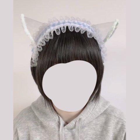 一点もの！クリア猫耳カチューシャ 可愛い フリル ヘッドドレス コスプレ 水色系統　天使界隈　量産型 地雷 可愛い 夢かわ サブカル ロリータ　サイバー　メンヘラ ヤンデレ 病みかわ エンジェル　