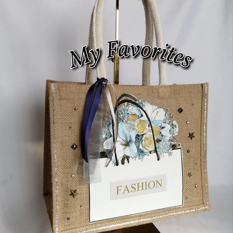 🍀♡爽やかホワイト×ブルーのショッパー&お花🌼すっきりシンプルに…♡ゴールド×ブラック×シルバー×ビジュースタッズ✨ラメラインもキラキラお洒落✨👗👠👜１年中使えちゃうジュートバッグ
