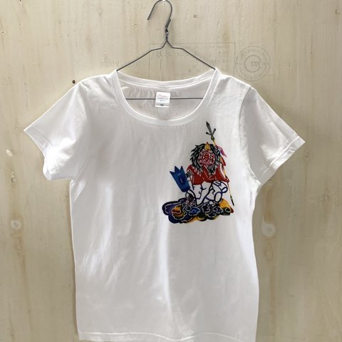 【送料無料】レディースTシャツLサイズ/手染め紅型の方相師/ホワイト