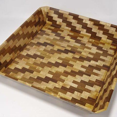 29×29×5cm　角器　ブロック柄　寄木　square wooden container