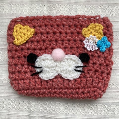 編み猫モヘちゃんのミニボタンポーチ(ピンク)