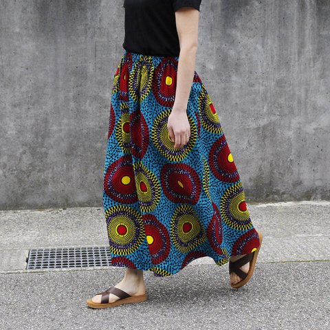 【受注制作】アフリカ布のギャザースカート （ サークルドット ） アフリカンプリント アフリカンファブリック
