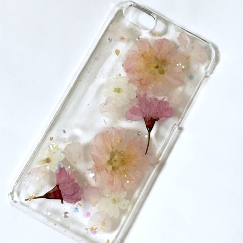  ★全機種対応★八重桜とさくらんぼの花の押し花スマホケース★