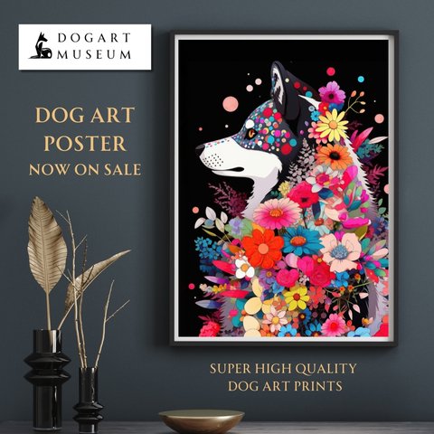 【花とシベリアンハスキー犬の夢の世界 No.2】アートポスター 犬の絵 犬の絵画 犬のイラスト