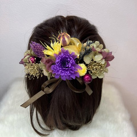 髪飾り　プリザーブドフラワー　卒業式　成人式 　結婚式　黄色　紫