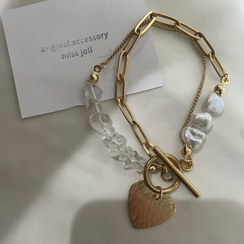 【    再販　】clear×pearl     2連 gold bracelet