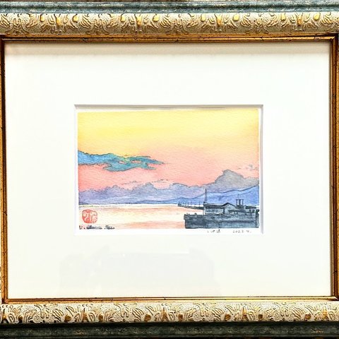 三池港の夕陽の水彩画2|夕焼け小焼け、三池港の風景