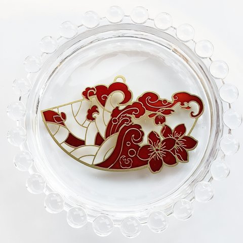2個 大 真鍮 扇子 花 エナメルパーツ/ 赤【42㎜×70㎜】 (taimetalP-221） アジアン 中華 チャイナ