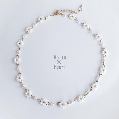 ｟再販｠  韓国ビーズ♡フラワーチョーカー＼White×Pearl／