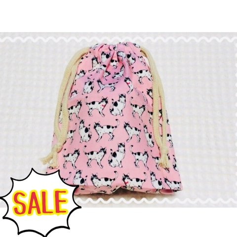 【SALE】巾着袋 マチ付き☆黒ぶちネコ ピンク 