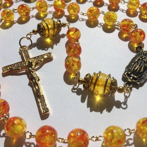 ロザリオ【一点限り】(37)アンバー 十字架クロス Rosary,Amber,Catholic Prayer Beads,Holy Rosary,Healing,Relaxing,Gemstone