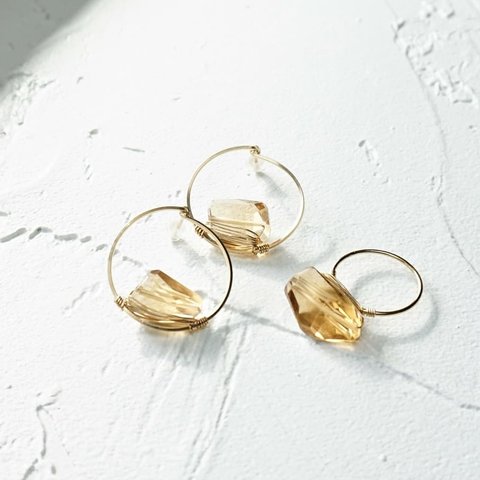 14kgf 宝石質 Champane Quartz wrapped ring + pierced earring / earring