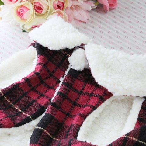 🍁✨《再販》モコモコあったかベスト(リバーシブルOK！)✨🍁チェック（赤）×ホワイト«犬服»　