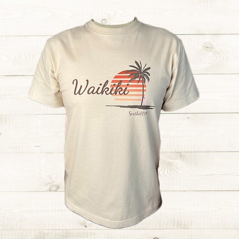 ハワイアンデザインTシャツ 夕陽とヤシの木のシルエット 半袖カットソー サーフボード waikikiビーチ